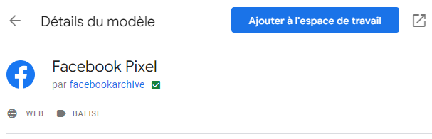 ajout balise facebook pixel à l'espace de travail